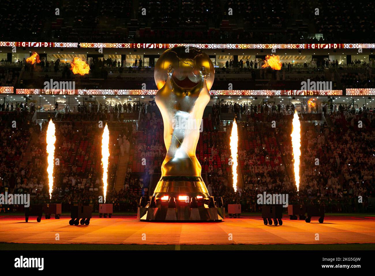 Al Khor, Qatar. 20th Nov, 2022. Al Bayt Stadium AL KHOR, QATAR - NOVEMBER 20: An inflatable World Cup trophy with fire is seen during the opening ceremony of the FIFA World Cup at Al Bayt Stadium on November 20, 2022 in Al Khor, Qatar. (Photo by Florencia Tan Jun/PxImages) (Florencia Tan Jun/SPP) Credit: SPP Sport Press Photo. /Alamy Live News Stock Photo