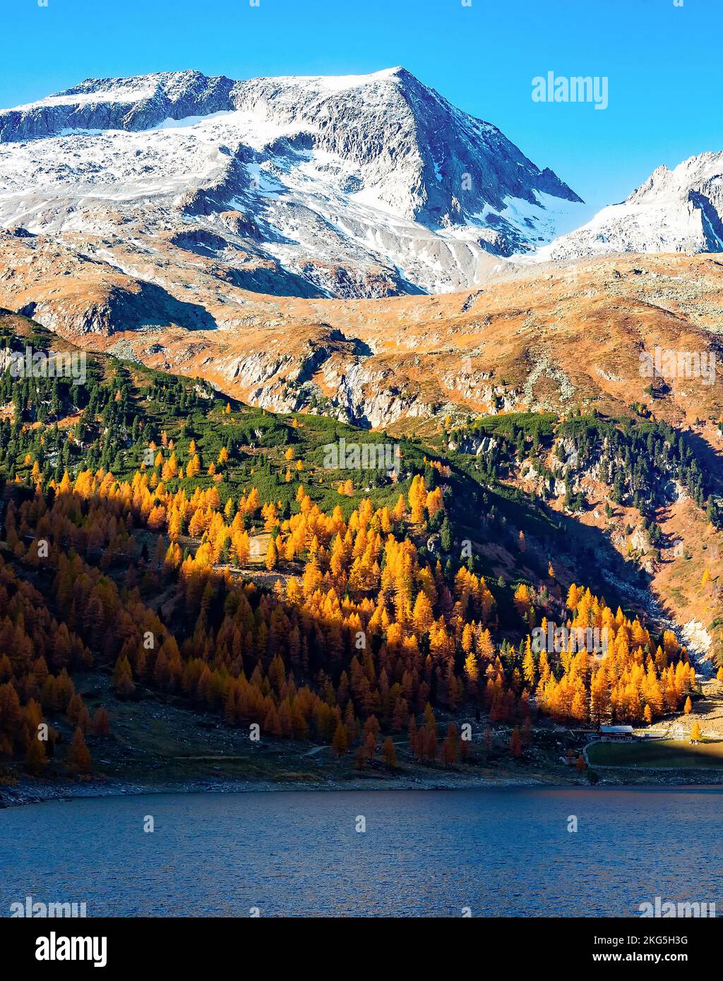 Alps landscape, mountains in evening sunshine and lake, Austria Stock Photo