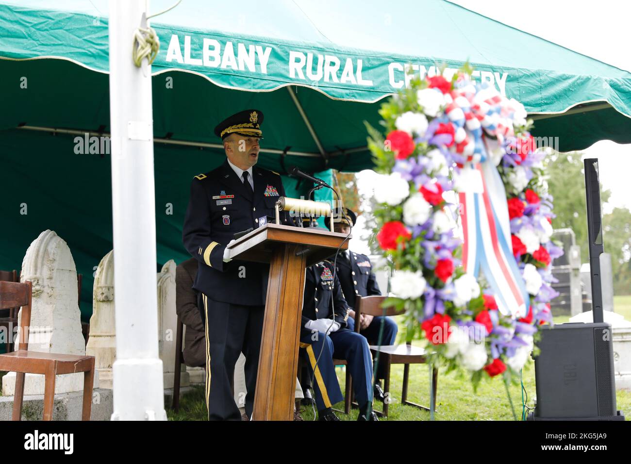 New York Army National Guard Maj. Gen. Michel Natali, the assistant adjutant general, Army, speaks about the laying of the presidential wreath at the grave of former President Chester A. Arthur on his birthday, Albany, New York, Oct. 5, 2022. On each former president's birthday, a wreath is laid at their grave on behalf of the current president. Stock Photo