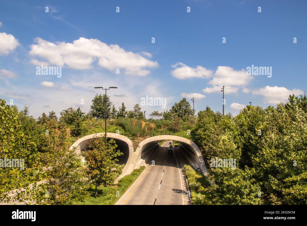 Land bridge over two tunnels on divided highway with cars driving through and lots of green trees and tall streetlights in Tulsa Oklahoma USA Stock Photo
