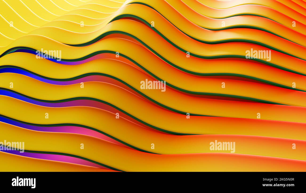 Vivid yellow textured backdrop made of parallel symmetric bands forming cut curvy surface as 3D-Illustration Stock Photo