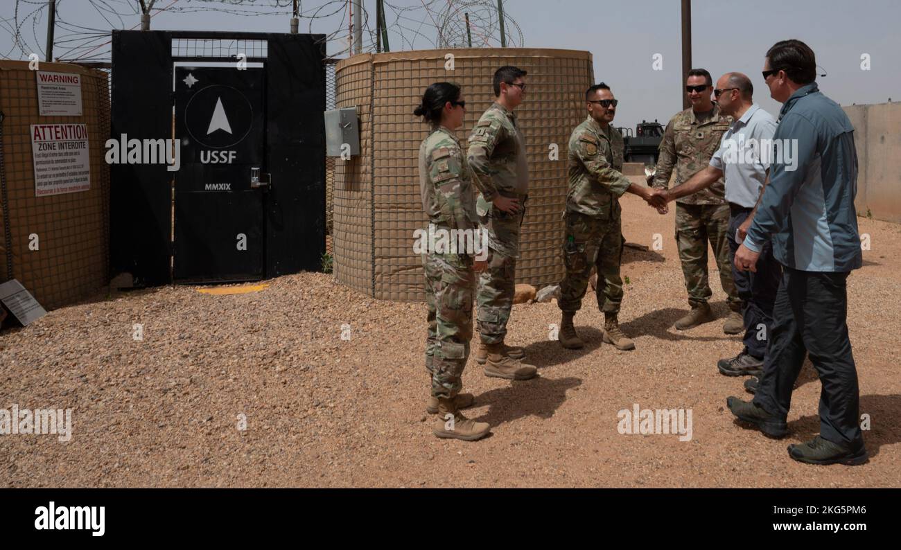 AIR BASE 201, Niger - U.S. Congressman Jimmy Panetta (second to right) and U.S. Congressman Austin Scott (far right) receive an intelligence briefing along with a briefing on the U.S. Space Force presence on Air Base 201, Niger, Oct. 5, 2022. Panetta and Scott along with their delegation team will travel throughout Africa to conduct engagements with senior officials from United States Africa Command to examine Department of Defense equities and ongoing security efforts to stabilize the region. (U.S. Air Force Staff Sgt. Alexandra M. Longfellow) Stock Photo