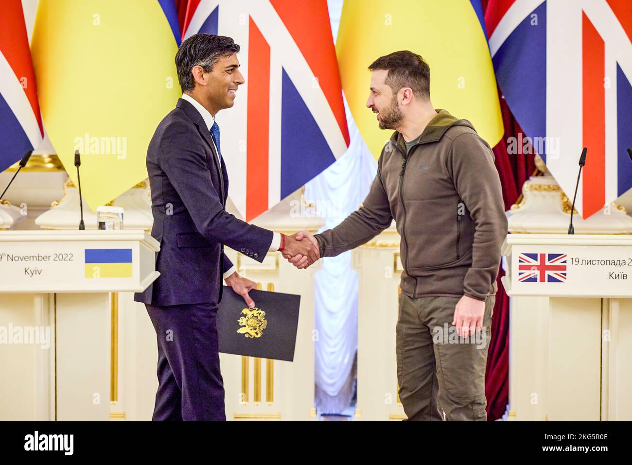 United Kingdom Prime Minister Rishi Sunak meets with Ukraine President Volodymyr Zelensky in Kyiv, Ukraine. President of Ukraine Volodymyr Zelenskyy and Prime Minister of the UK Rishi Sunak, who is visiting our country, honored the memory of Ukrainian defenders and visited the exhibition of destroyed Russian equipment. Stock Photo