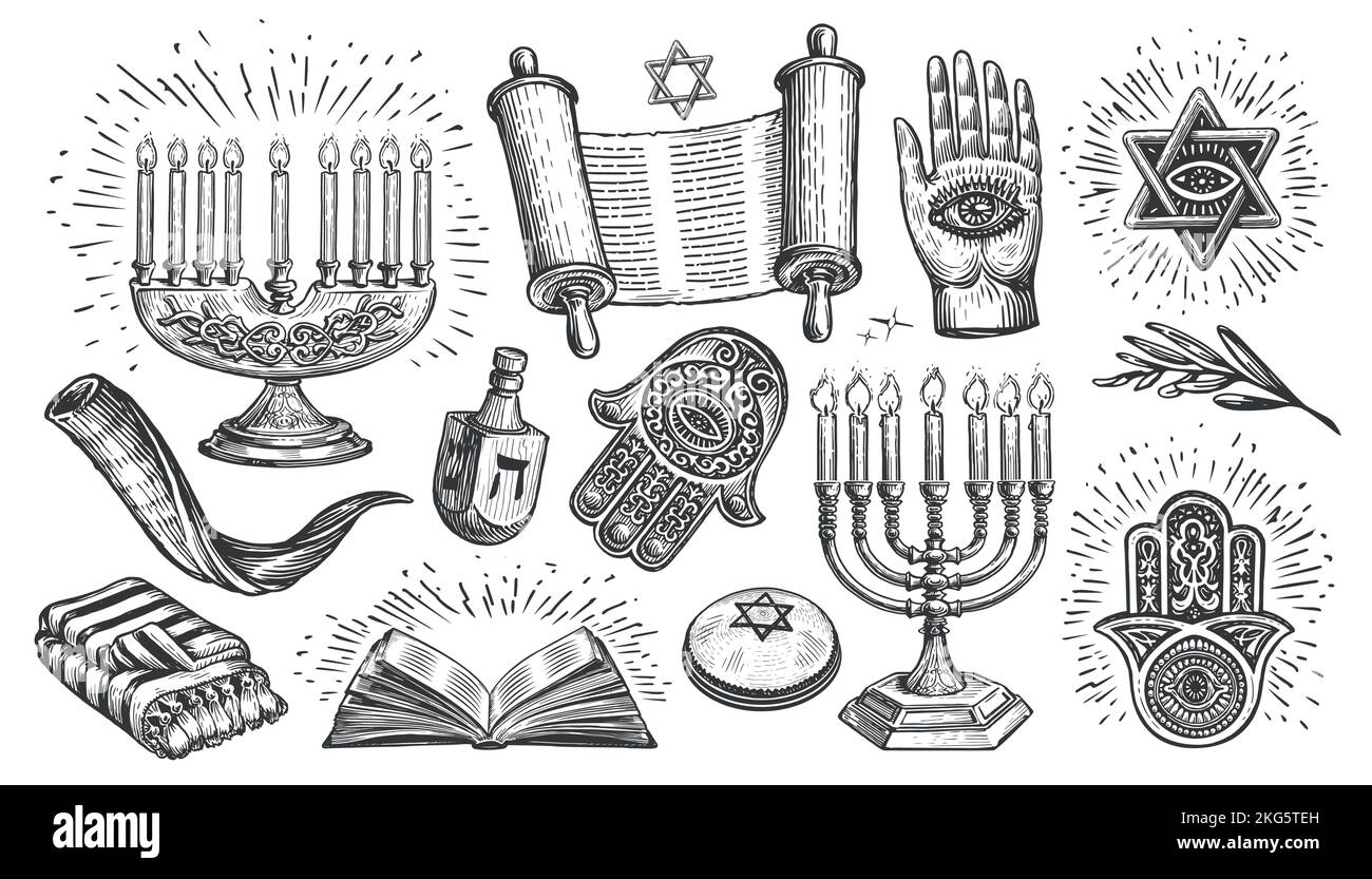 Jewish set. Religion concept vintage sketch vector illustration. Collection elements for decoration of religious holiday Stock Vector