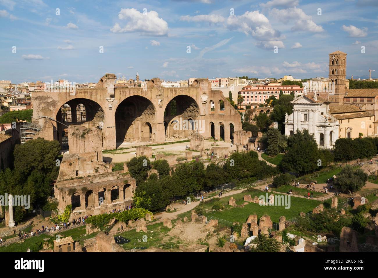 Top view of Roman Forum ruins with Farnese gardens and Basilica of Maxentius, Rome, Italy. Stock Photo