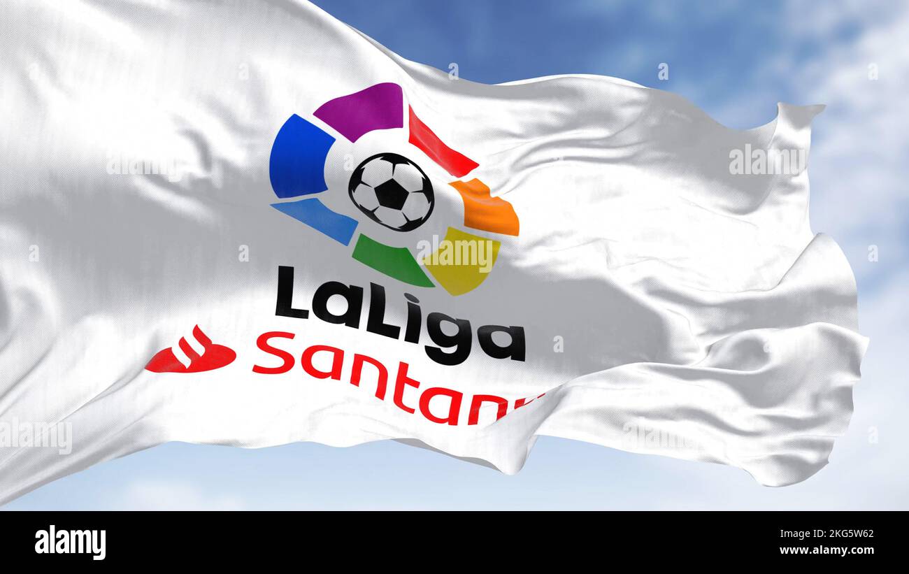 Madrid, SPA, July 2022: Close-up of the La Liga flag waving in the wind. La Liga is the men top professional football division of the Spanish football Stock Photo