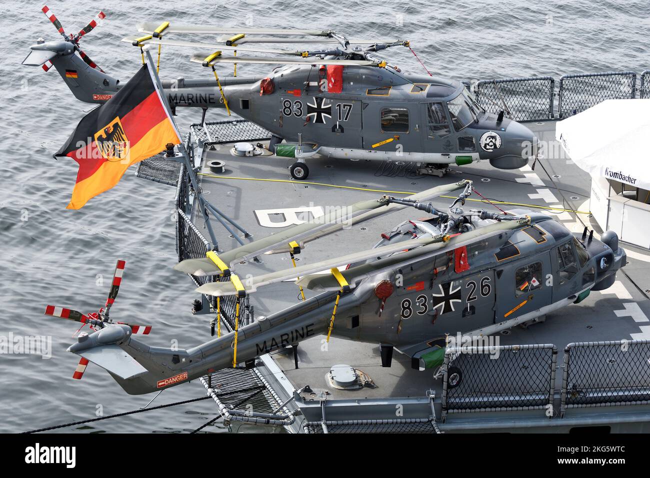 Tokyo, Japan - November 07, 2021: Naval Jack of German Navy and Westland Sea Lynx Mk.88A anti-submarine helicopter. Stock Photo