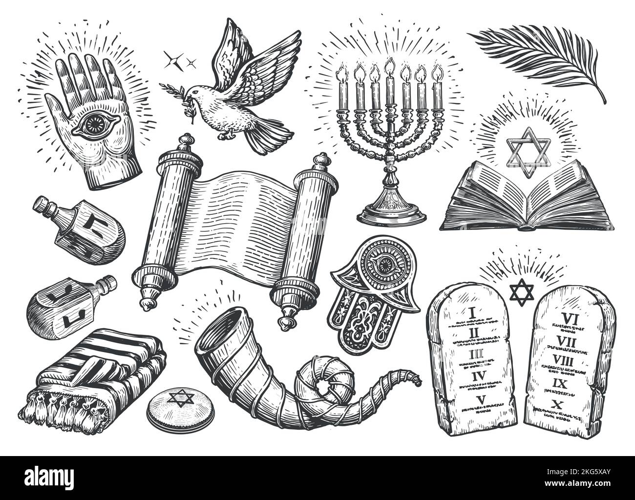 Jewish set. Religion concept sketch vector illustration. Torah scroll, Menorah, Shofar, Tablets with commandments Stock Vector