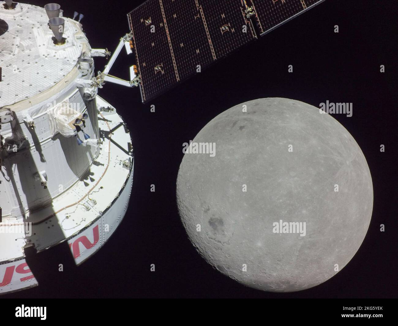 21 November, 2022. A portion of the far side of the Moon looms large just beyond the Orion spacecraft in this image taken on November 21, 2022, the sixth day of the Artemis I mission by a camera on the tip of one of Orion's solar arrays. The spacecraft entered the lunar sphere of influence Sunday, November 20, making the Moon instead of Earth the main gravitational force acting on the spacecraft. Credit: UPI/Alamy Live News Stock Photo