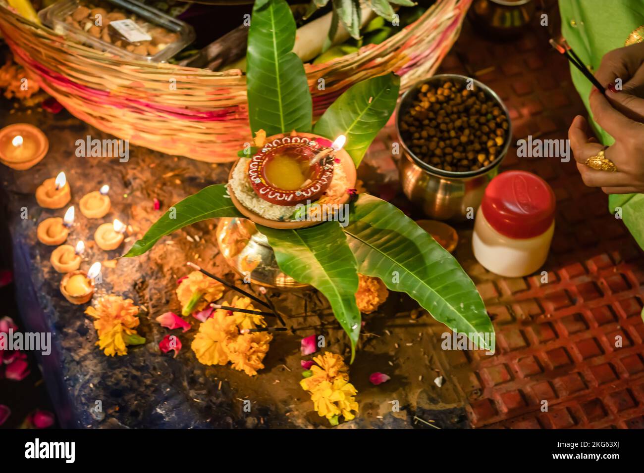 Hindu religious offerings for sun god during Chhath festival from different angle Stock Photo