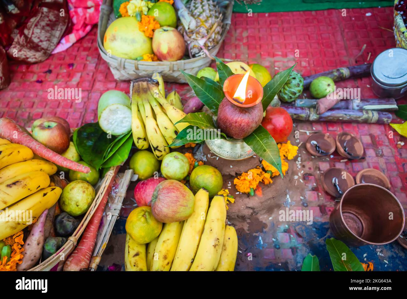 Hindu religious offerings for sun god during Chhath festival from different angle Stock Photo