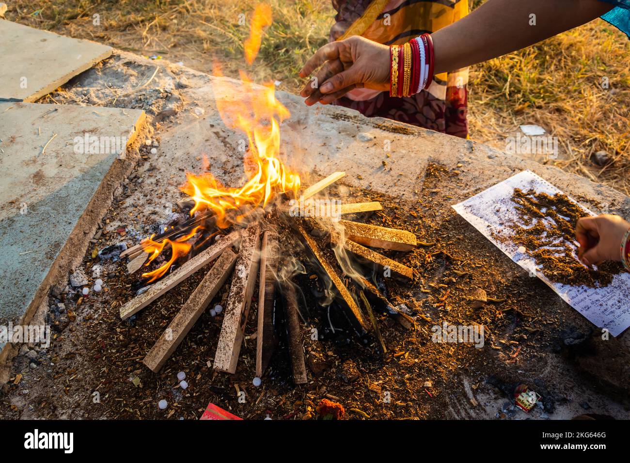 homa or havan in india for Hindu religious rituals for god during festival from different angle Stock Photo