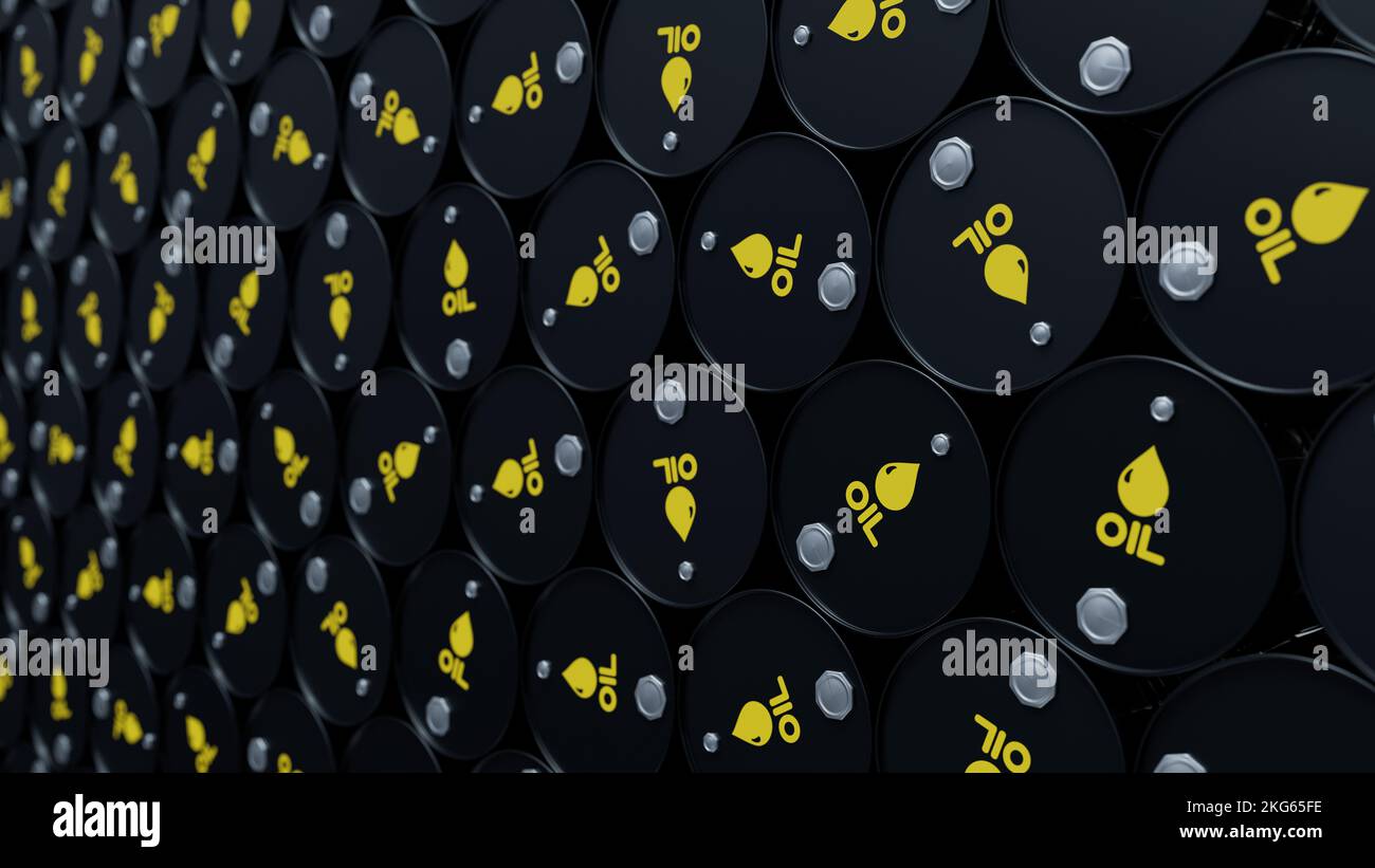 Wall of black oil or petroleum barrels. Gasoline or crude oil
