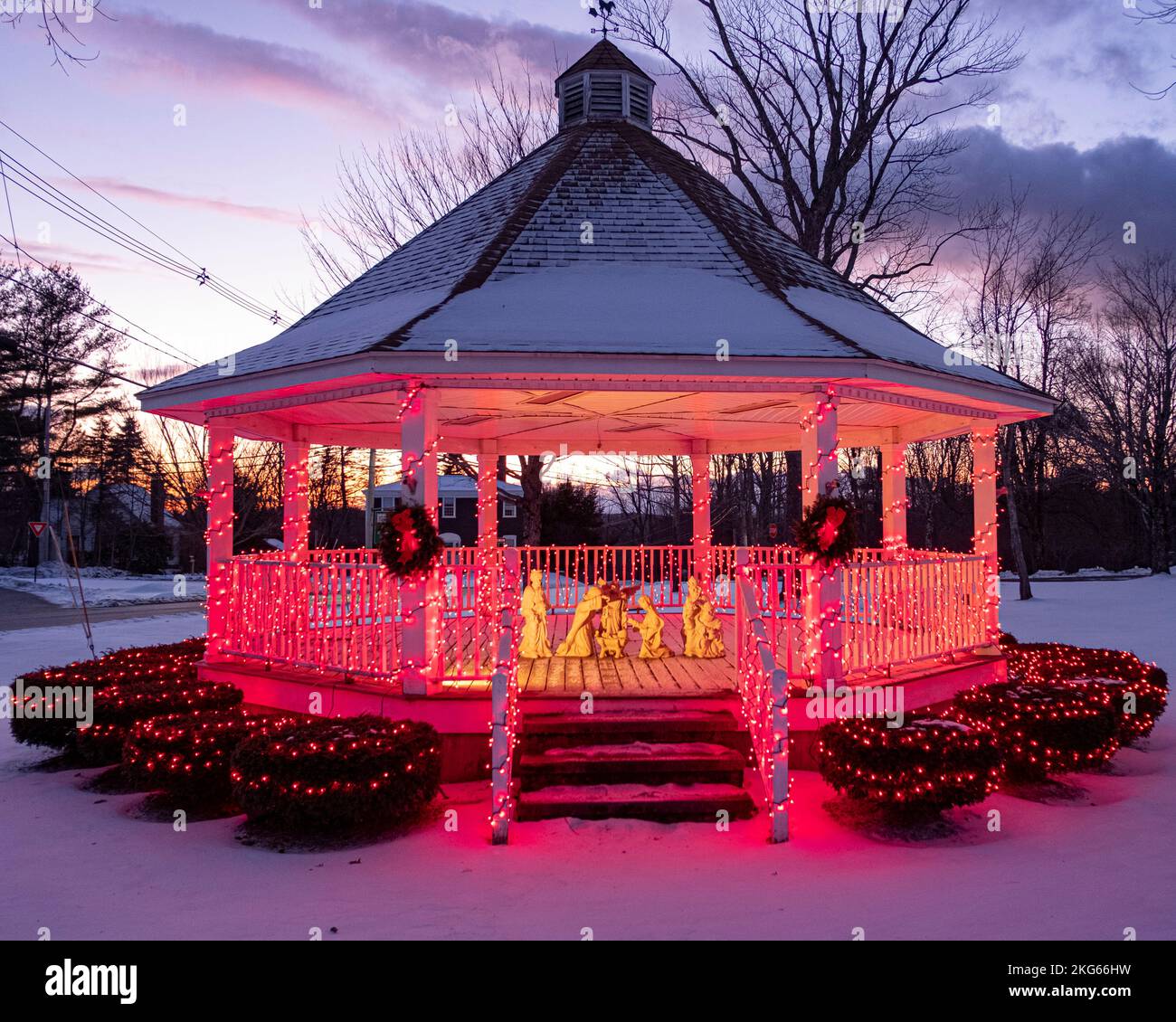 The bandstand on the Templeton, MA town common decorated for Christmas