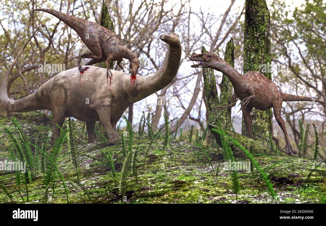 A 3D illustration of two ornitholeste dinosaurs attacking a young ...