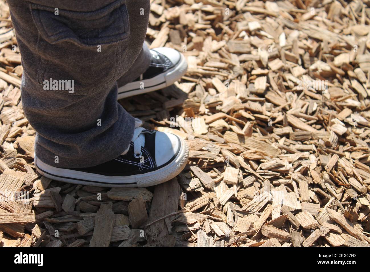 A child wearing Converse All-Stars standing in wood mulch illuminated by sunshine in Midwest America. Childs feet and ankles only. Stock Photo