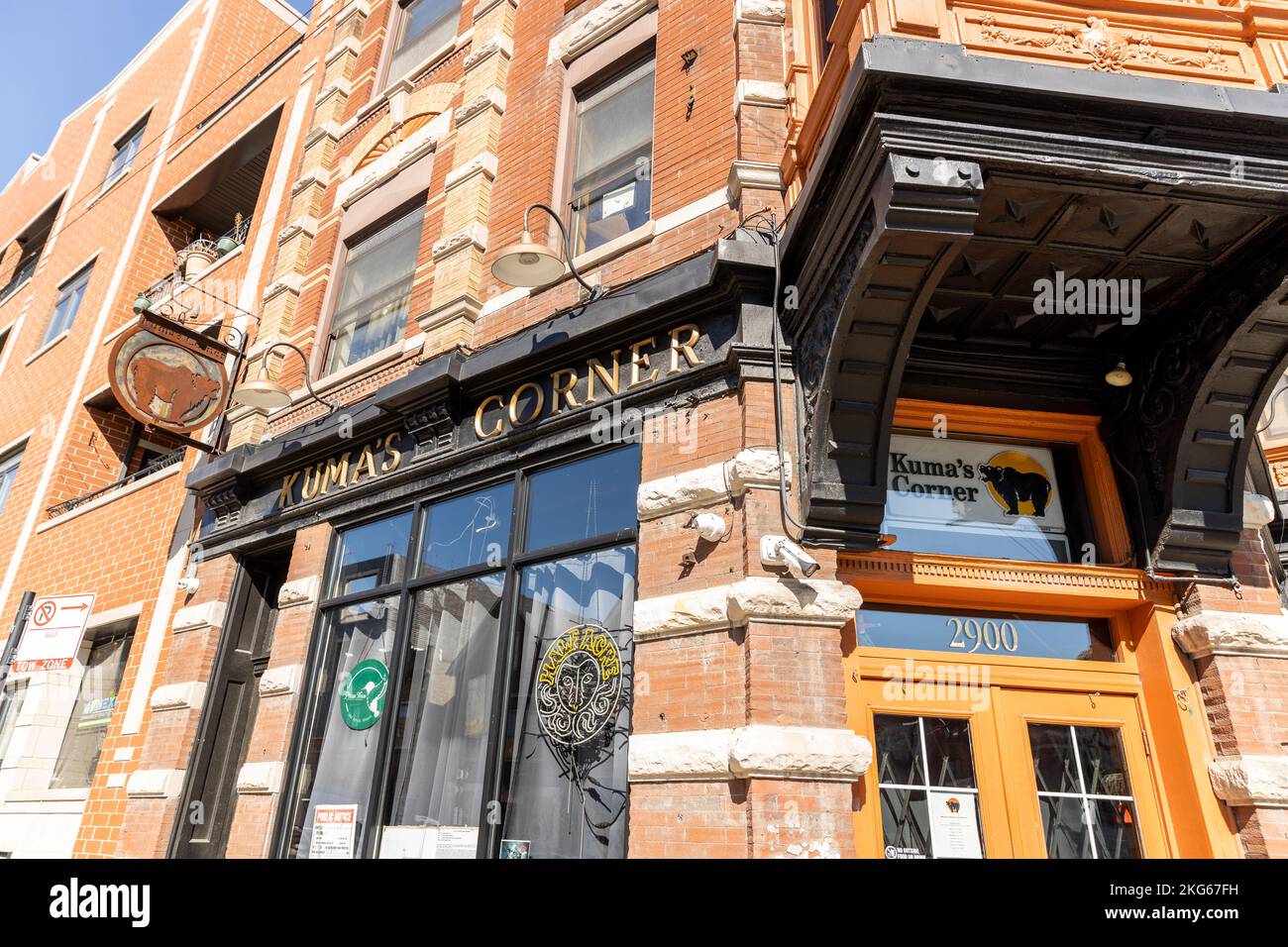 Kuma's Corner is a gourmet burger bar, with multiple Illinois locations, that's well known for their unique burgers and their heavy metal atmosphere. Stock Photo