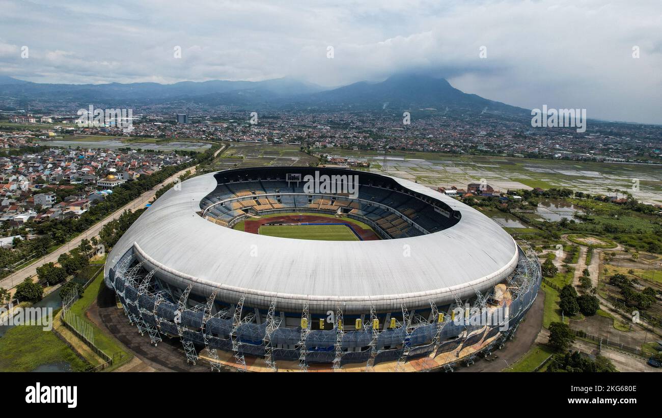 Aerial view of the Beautiful scenery Gelora Bandung Lautan Api (GBLA) Football or Soccer Stadium