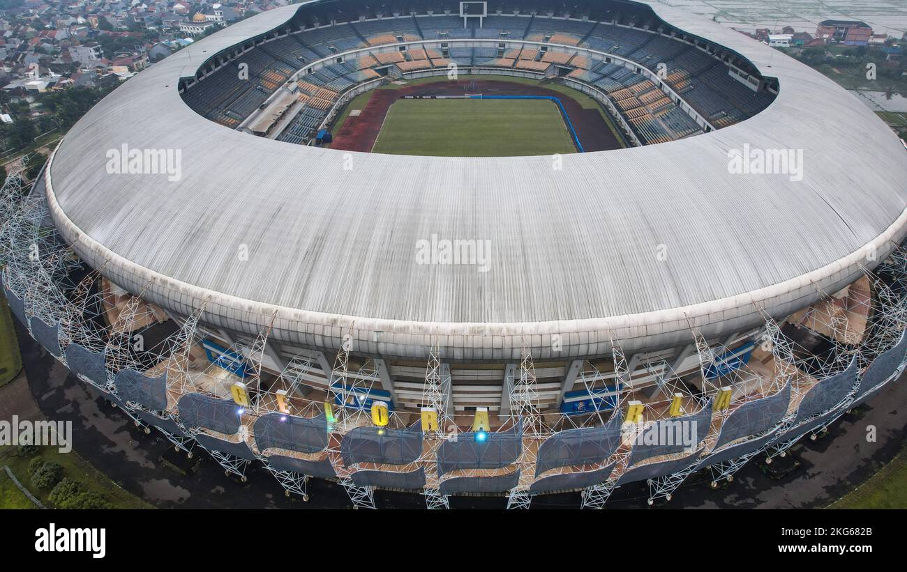Aerial view of the Beautiful scenery Gelora Bandung Lautan Api (GBLA) Football or Soccer Stadium