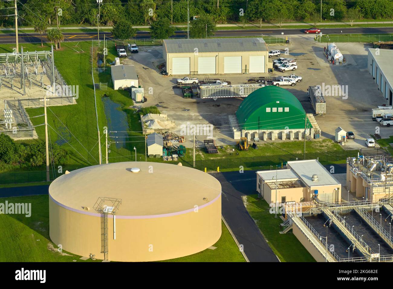 Aerial view of modern water cleaning facility at urban wastewater