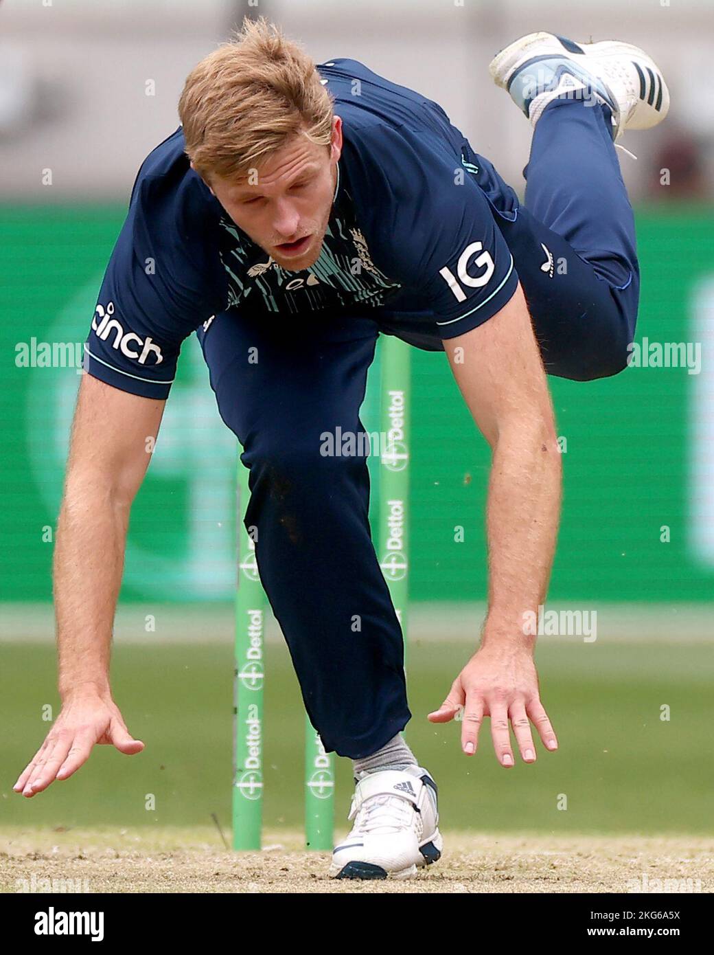 Melbourne, Australia. 22nd Nov, 2022. David Willey of England stumbles after bowling during the Dettol ODI Series match Australia vs England at Melbourne Cricket Ground, Melbourne, Australia, 22nd November 2022 (Photo by Patrick Hoelscher/News Images) Credit: News Images LTD/Alamy Live News Stock Photo