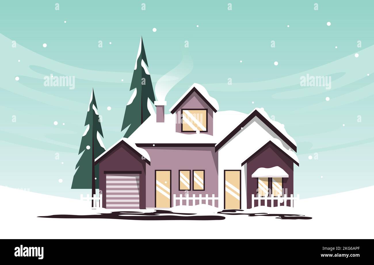 House Home Pine in Snow Fall Winter Illustration Stock Vector