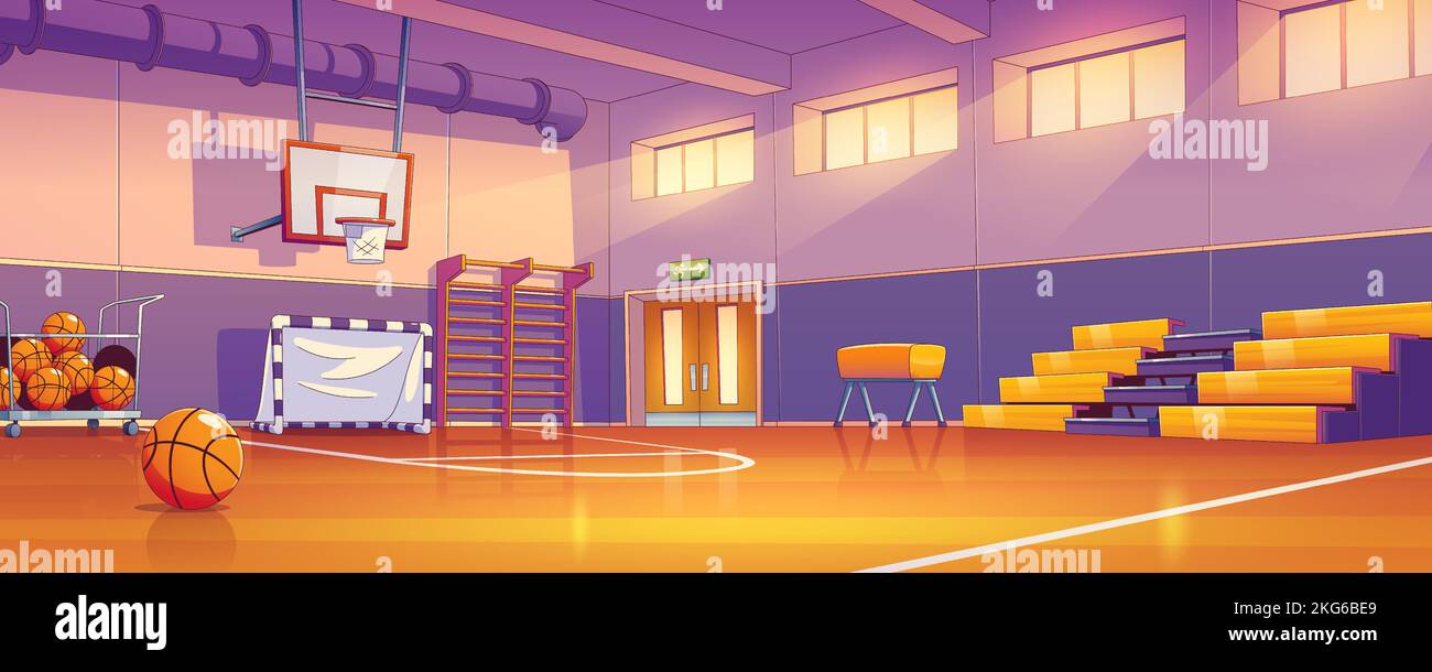 Empty school gym with sports equipment. Contemporary vector