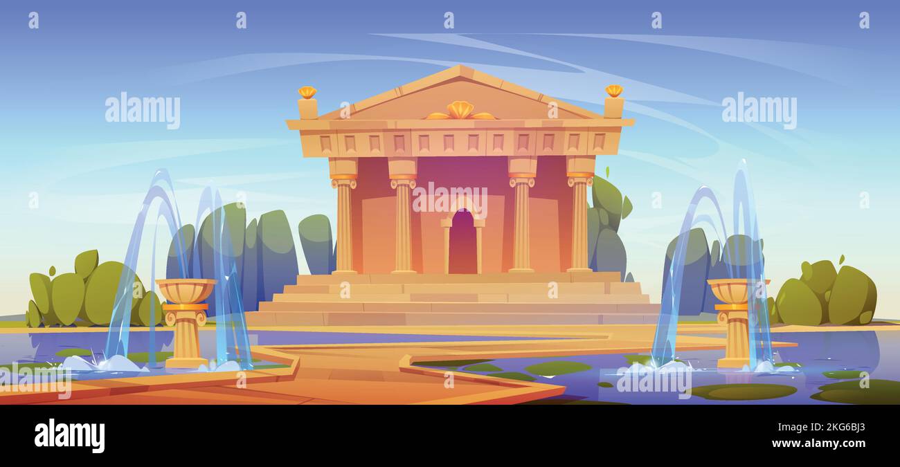 Ancient Greek or Roman style building with columns in park with green trees and beautiful fountains. Emperors palace surrounded by summer garden under blue sky. Antique architecture monument, history Stock Vector