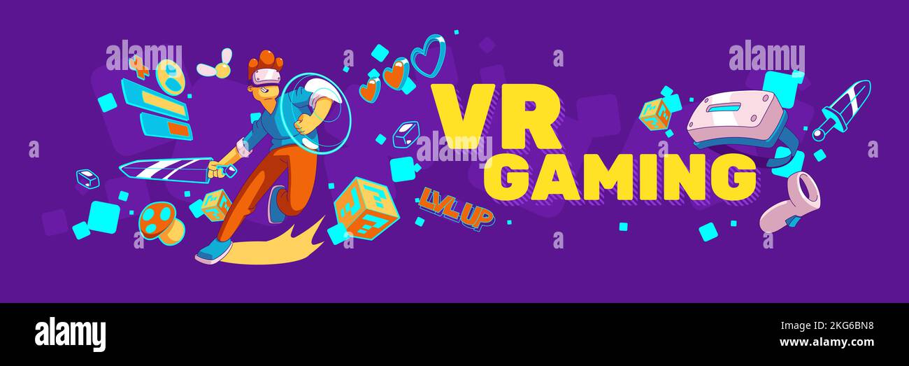 Virtual reality gaming, metaverse banner. Contemporary man in vr