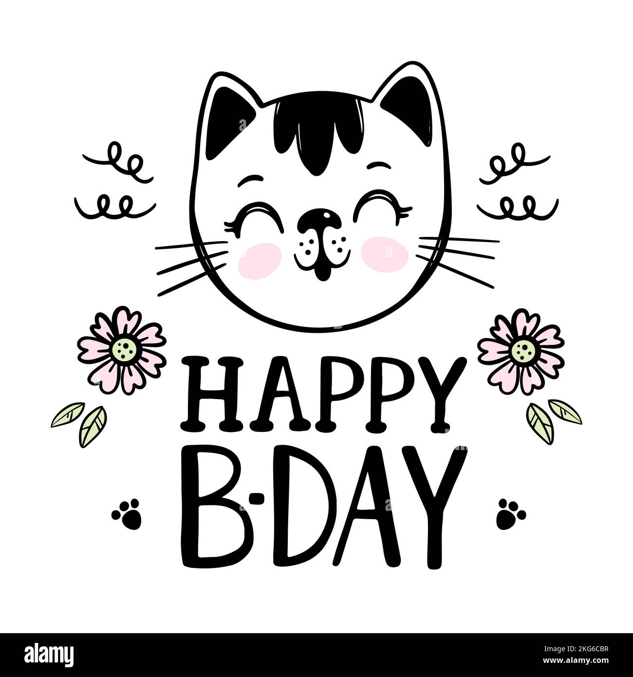 CAT Baby Birthday Cute Kitten Festive Greeting Card With Flowers Cartoon Hand Drawn Sketch With Handwriting Text Clip Art Vector Illustration For Prin Stock Vector