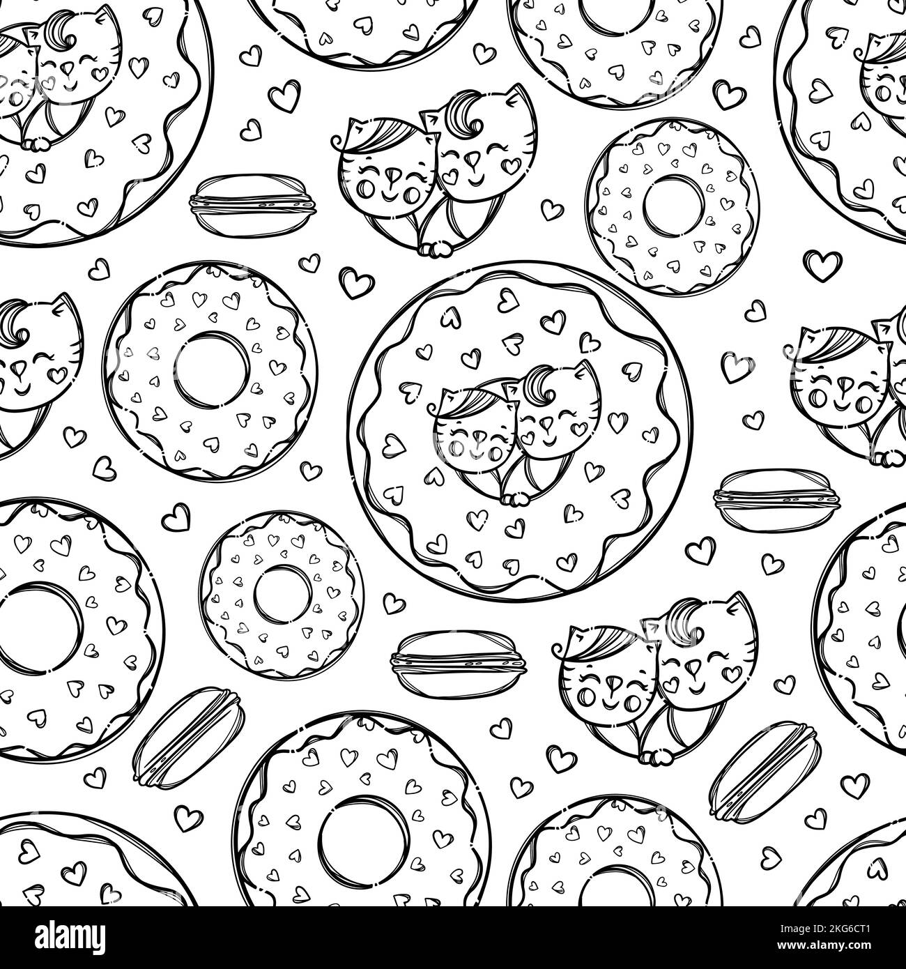 CAT IN DONUT Cute Kittens Stuck His Head In Doughnut And Sweet Bisquits Holiday Cartoon Monochrome Hand Drawn Seamless Pattern Vector Illustration For Stock Vector