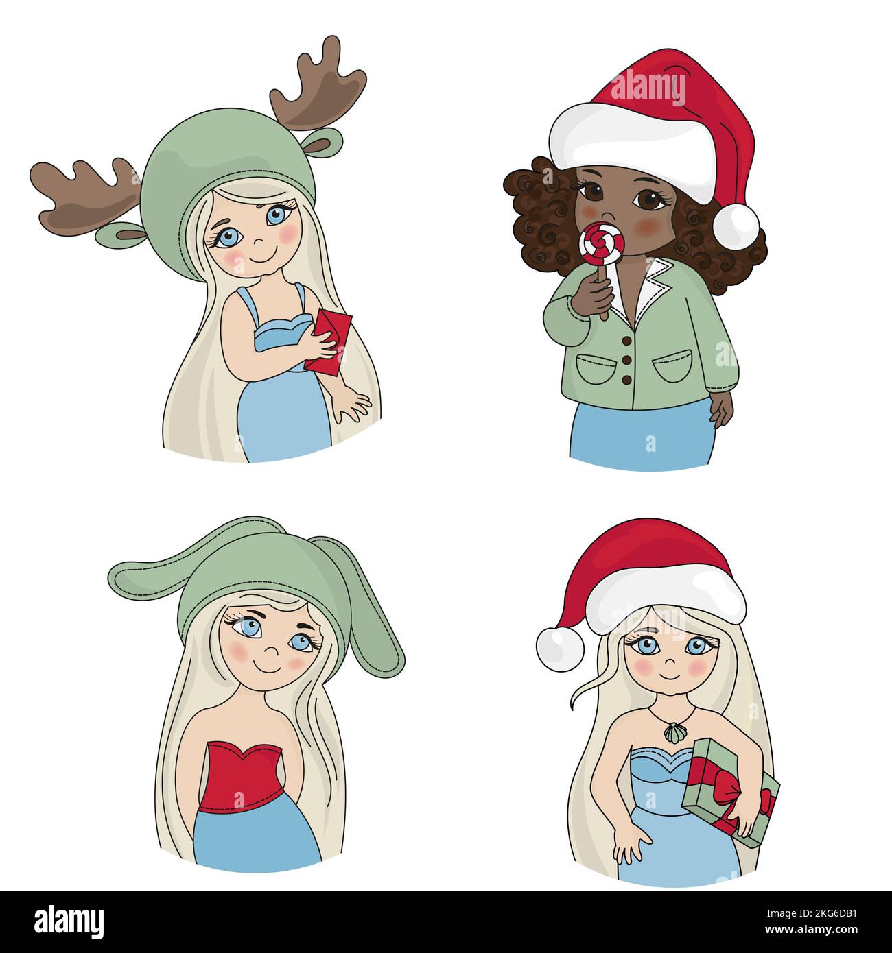 CHRISTMAS BLOG ICON Girl Portrait Merry Christmas New Year Vector Illustration Set For Print Stock Vector