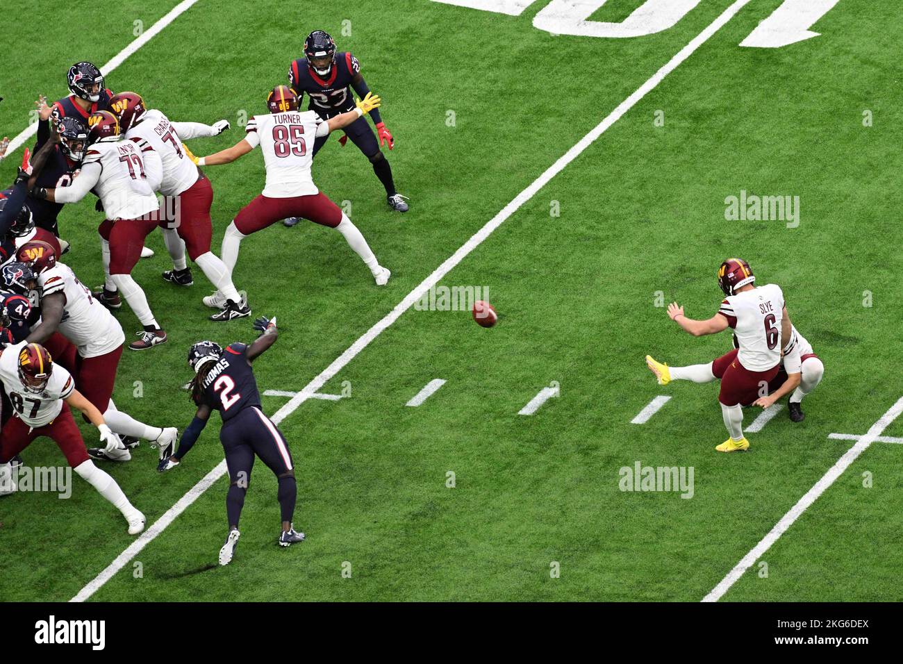 Washington Commanders place kicker Joey Slye (6) kicks a successful