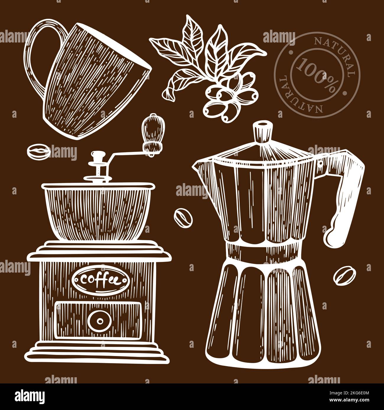 COFFEE MILL SKETCH Design Of Stickers And Labels For Shop Of Dessert Drinks And Naturals In Vintage Style Hand Drawn Clip Art Vector Illustration Set Stock Vector