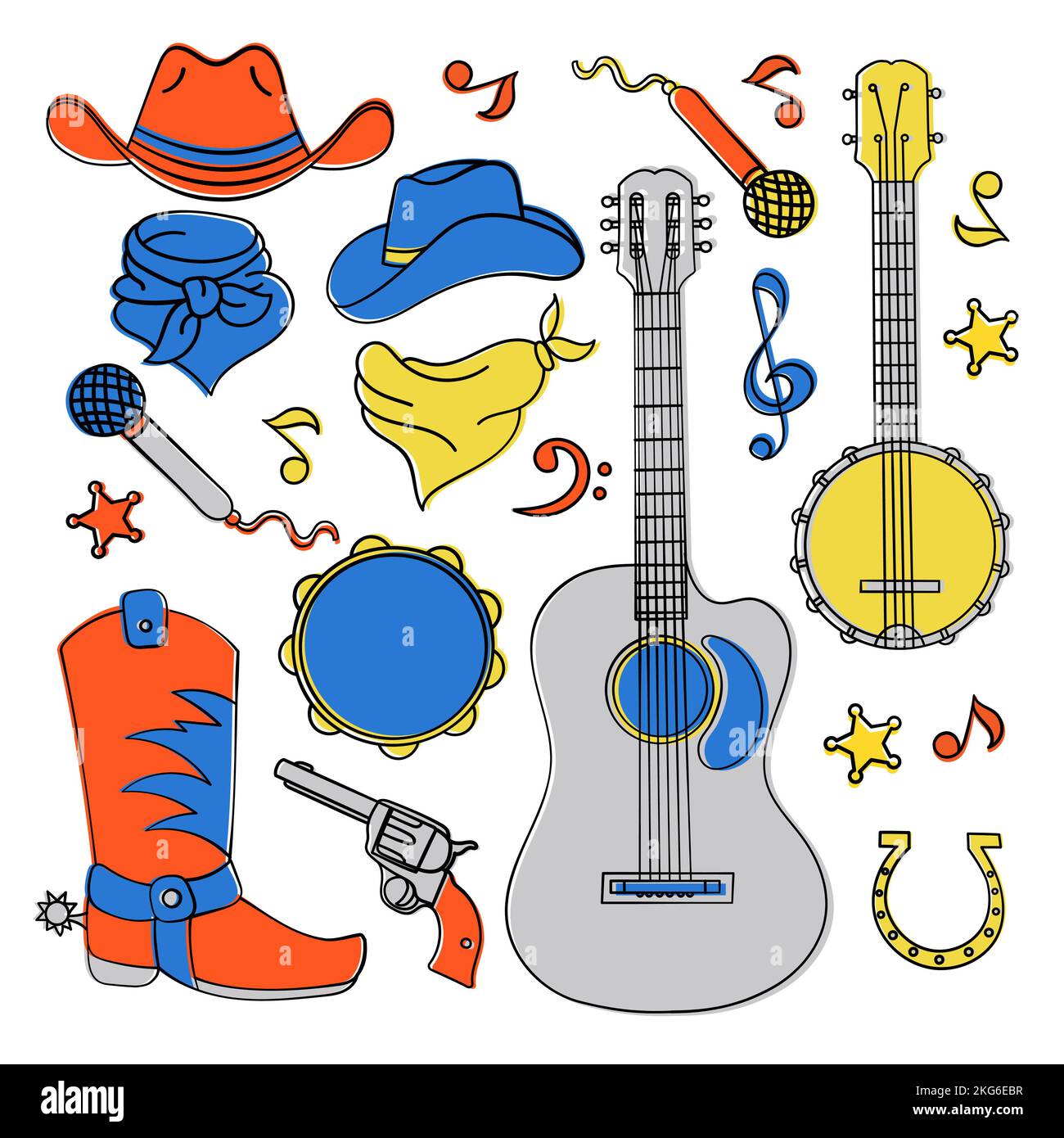 COUNTRY MUSIC BAND American Cowboy Western Festival Vector Illustration Set For Print Stock Vector
