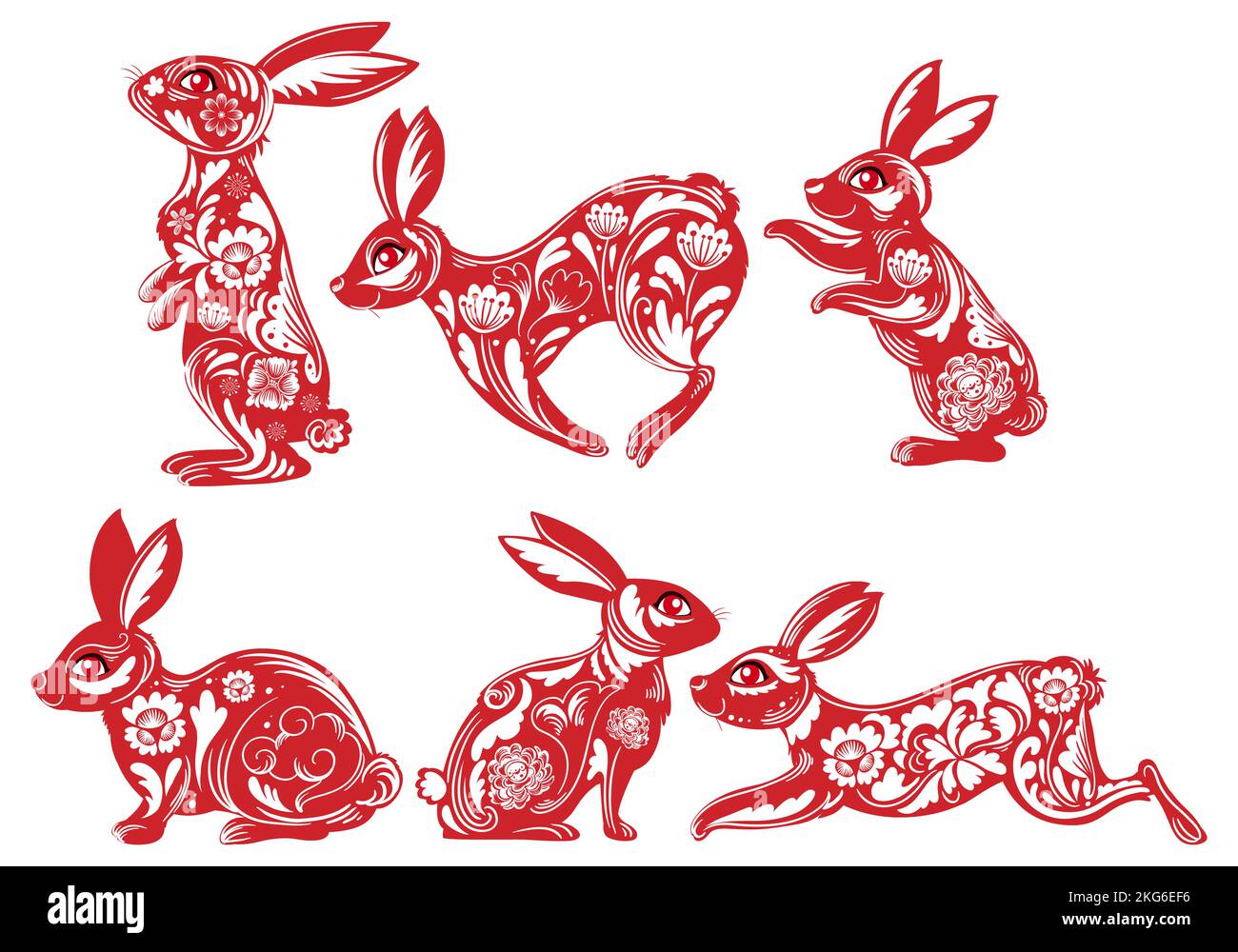 Set of rabbits in Chinese style illustration Stock Photo - Alamy