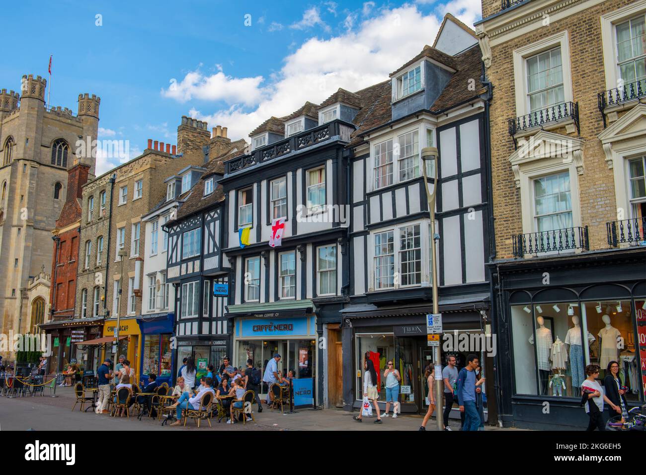 Historic commercial buildings on King's Parade at Cambridge University
