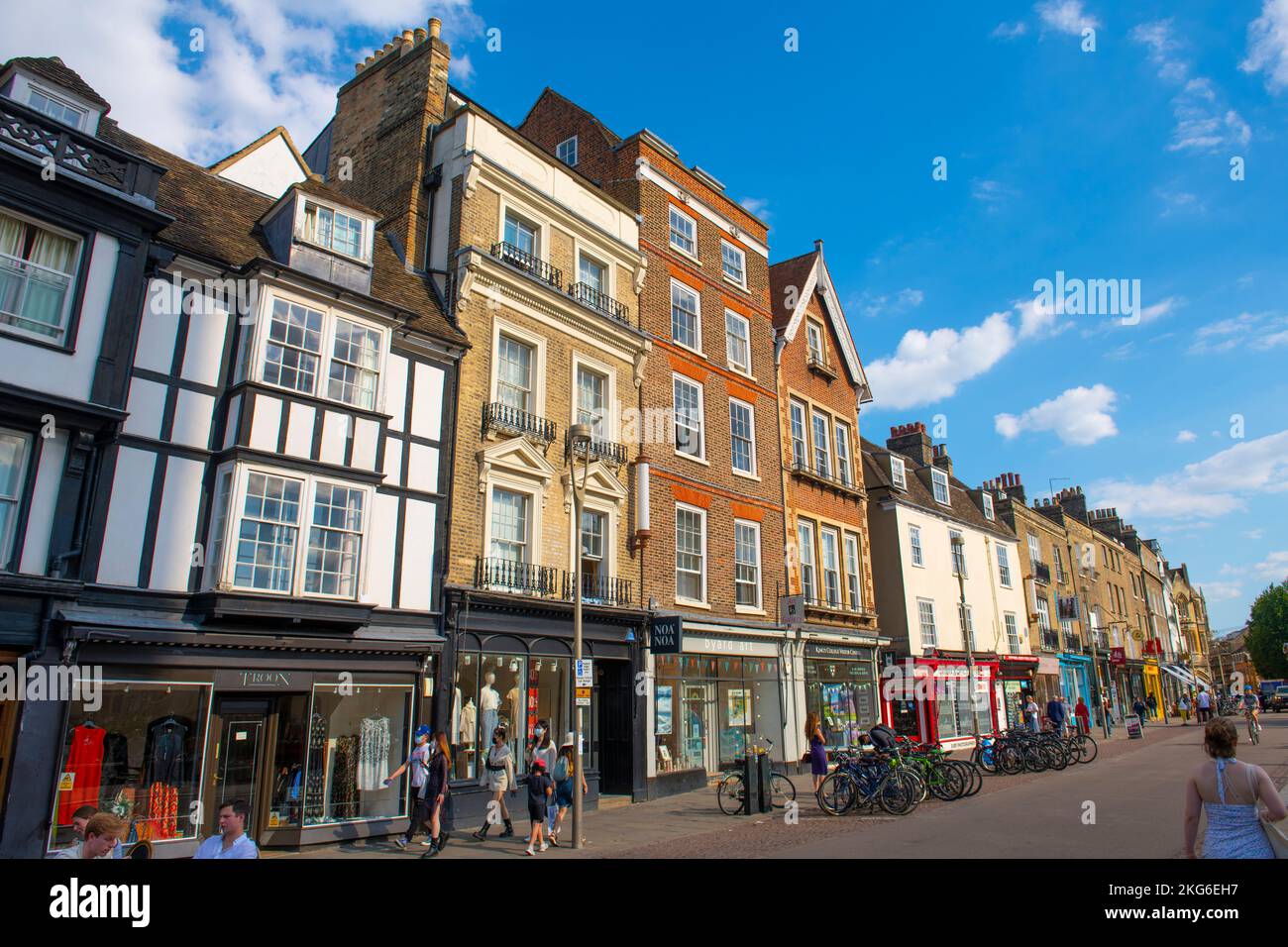 Historic commercial buildings on King's Parade at Cambridge University
