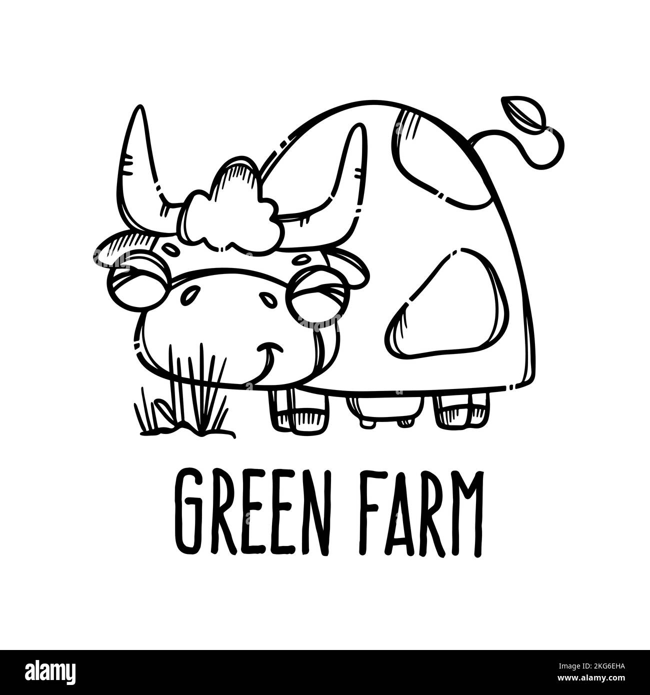 COW EATS GRASS MONOCHROME Cute Smile Animal Hand-Drawn In Sketch Style In Cartoon Farm Poster With Handwriting Text Clip Art Vector Illustration Set F Stock Vector
