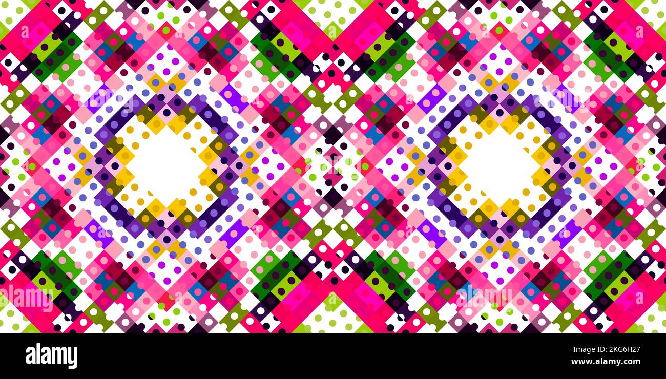Whimsical geometric pixel pattern. Playful fun kaleidoscopic pink ...