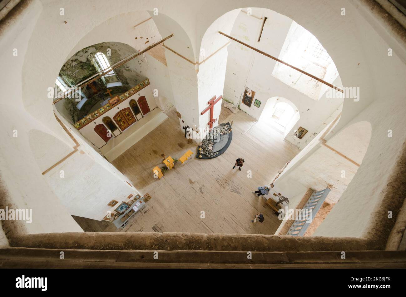 July, 2021 - Kiy Island. Inside the white stone cathedral. Holy Monastery on Kiy Island. Russia, Arkhangelsk region Stock Photo