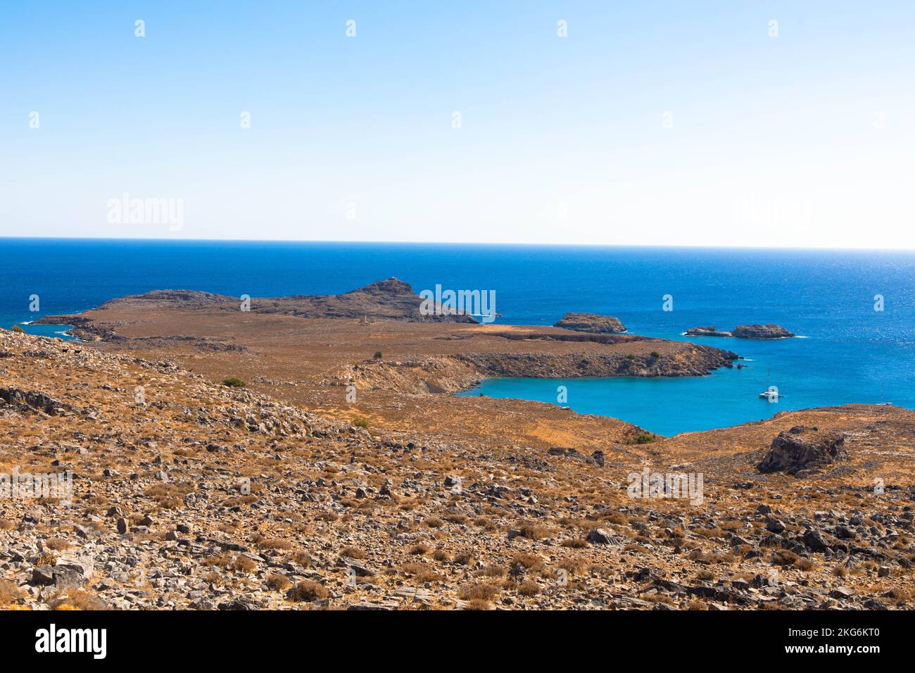 Aerial view from  stunning bay and Vlycha Beach in Lindos on the island of Rhodes. Aegan Sea, Greece. Holiday on the greek islands. Stock Photo