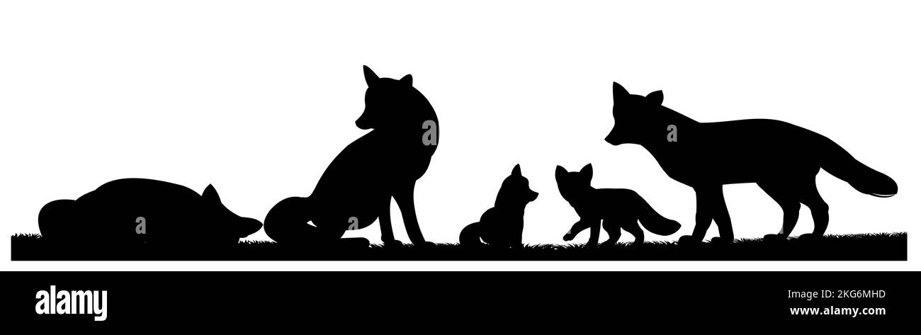 Family of foxes on vacation. Animal silhouette. Wild life picture. Isolated on white background. Vector Stock Vector
