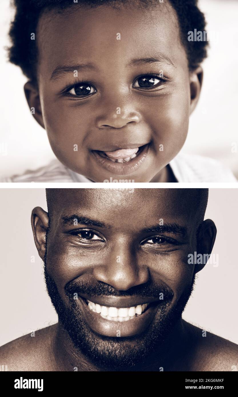 He still has that little boy charm. Split shot of an adorable baby boy and an adult male. Stock Photo