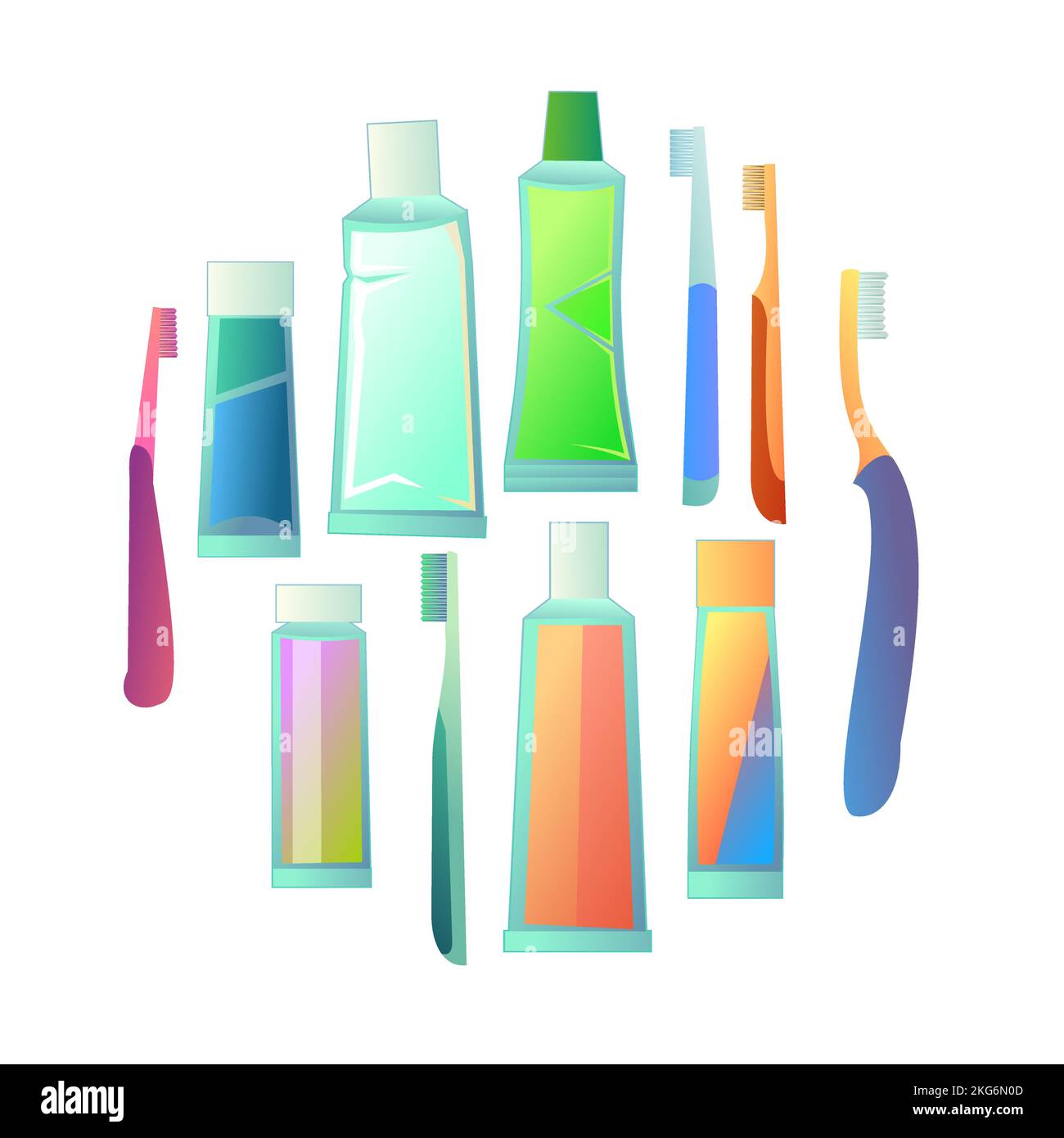 Tubes of toothpaste and toothbrushes picture in form of circle. Items