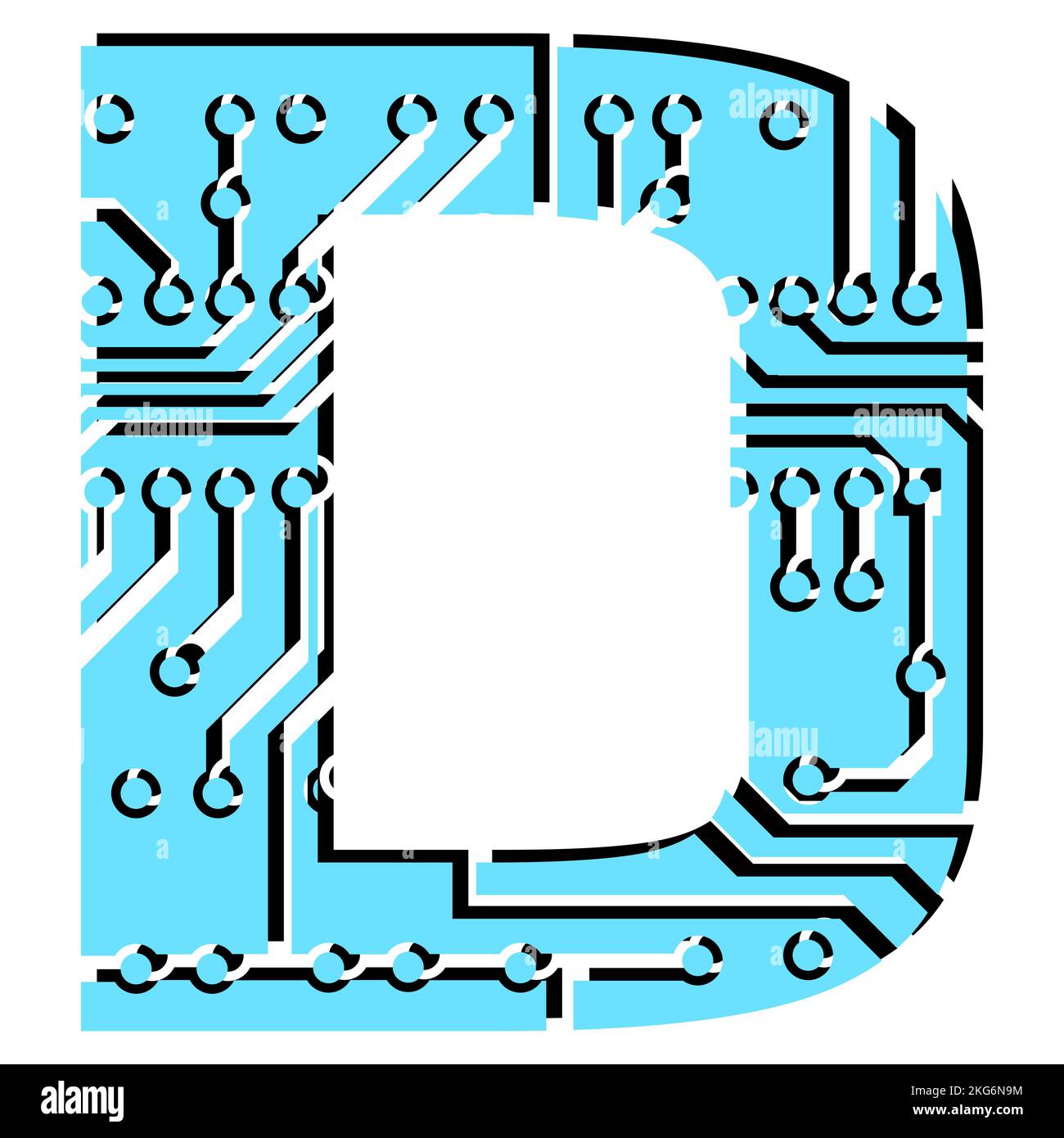 Latin digital letter D perforated with PCB circuit board tracks isolated on white. Colored capital initial letter for headlines of modern digital worl Stock Vector