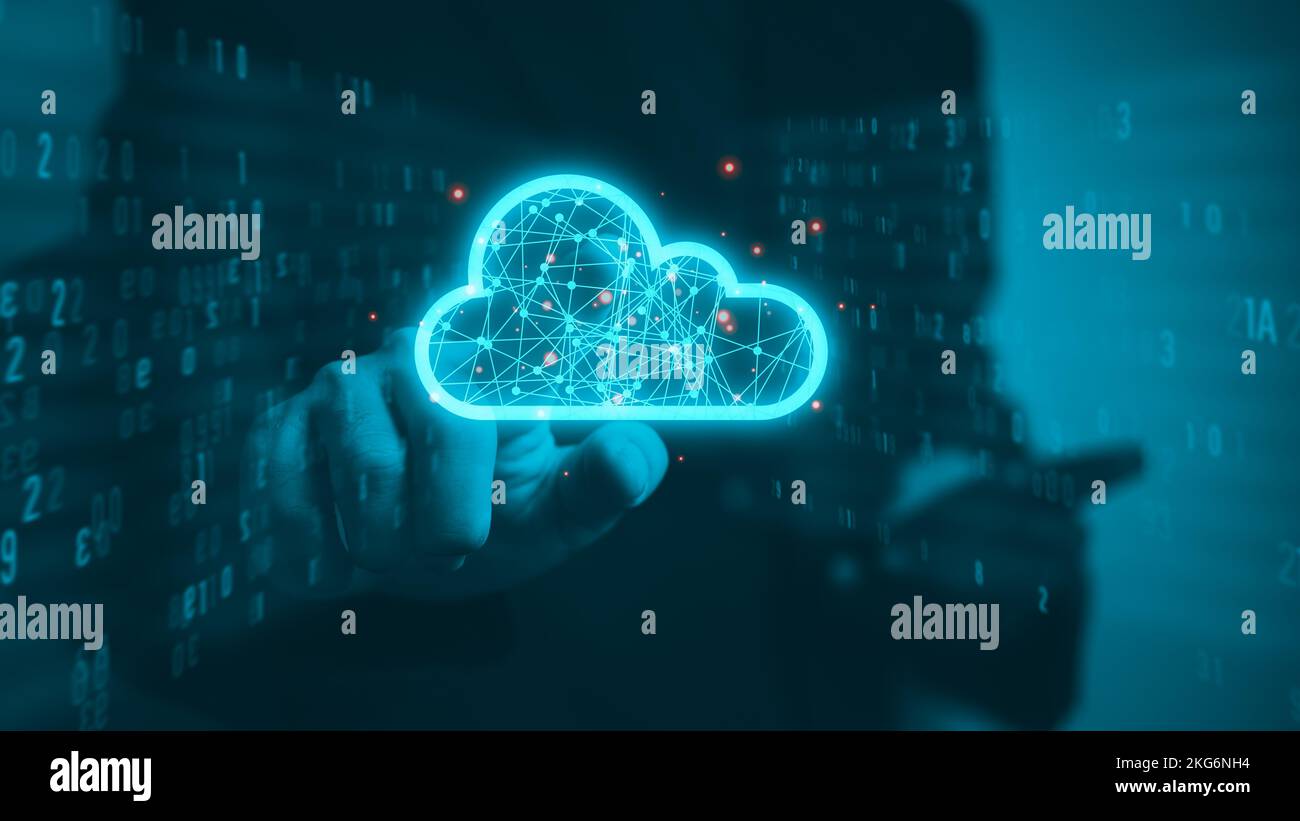 Cloud computing diagram technology. Data storage. Networking and internet service concept.Businessman touching cloud icon virtual. Stock Photo