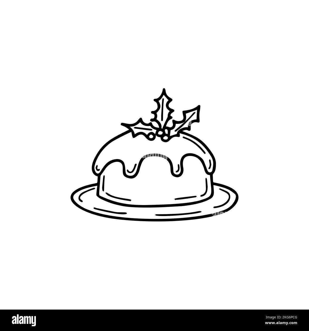 Cartoon Illustration Christmas Cake Pudding Black And White Stock