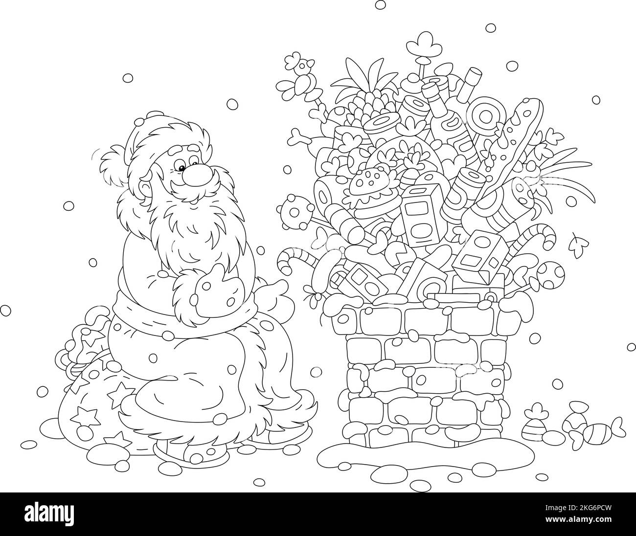1950s Santa Coloring Pages - Cartoon Santa Claus Sitting On His Magical Bag Of Gifts On A Snow Covered Roof Near A Bricky Chimney Full Of Tasty Food Sweets Drinks And Presents 2KG6PCW 
