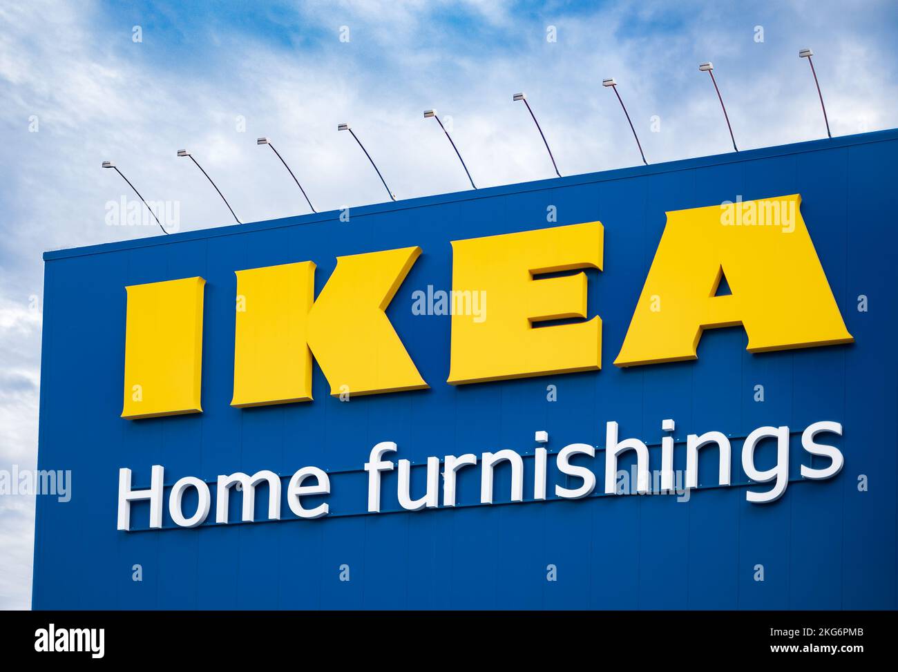 IKEA sign hanging on the store building in Vancouver BC Canada. Founded in Sweden in 1943 Ikea is the world's largest retailer of ready-to-assemble fu Stock Photo